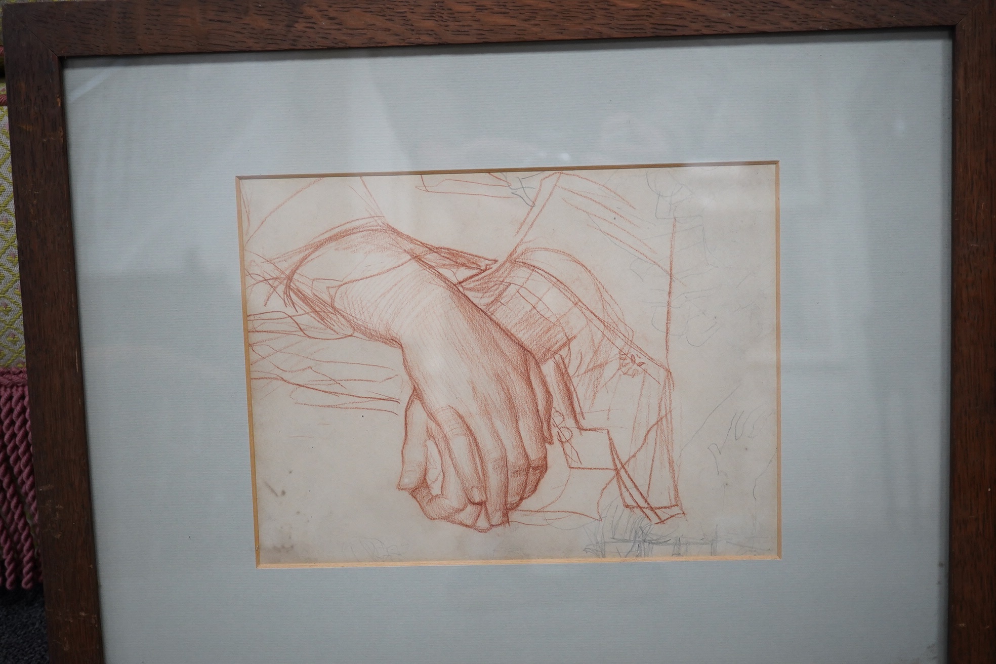 Alfred George Stevens (1817-1875), two sanguine chalks, study of hands and drapery, unsigned, largest 24 x 26cm. Condition - fair, discolouration